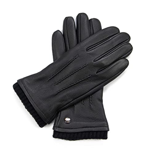 Hand Gewand by Weikert Lederhandschuhe aus Hirschleder mit Kaschmirfütterung, mit warmer Strickstulpe, Herren Hirschlederhandschuhe, warm gefüttert, schwarz von Hand Gewand by Weikert