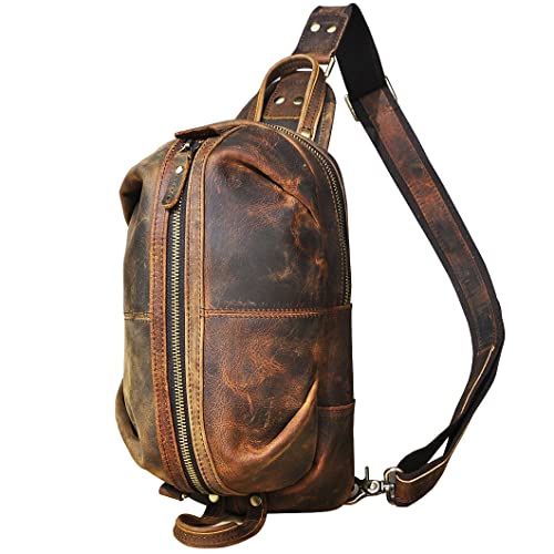 Handadsume Dick Crazy Horse Leder Dreieck Umhängetasche Sling Brusttasche Reisen Eine Umhängetasche Daypack für Männer Männer 8013 (X-1186- Braun) von Handadsume