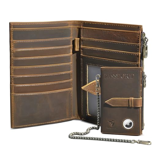 Handadsume Dickes Crazy Horse Leder Funktionelle RFID Blocking Reisepasshalter Fall Reise Bifold Snap Kette Sicherheit Brieftasche Für Männer Männlichen 2801 (2804 Braun) von Handadsume