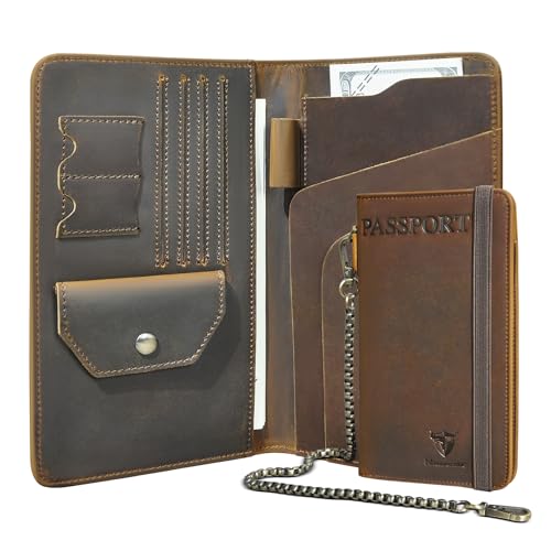 Handadsume Dickes Crazy Horse Leder Funktionelle RFID Blocking Reisepasshalter Fall Reise Bifold Snap Kette Sicherheit Brieftasche Für Männer Männlichen 2801 (2805 Braun) von Handadsume