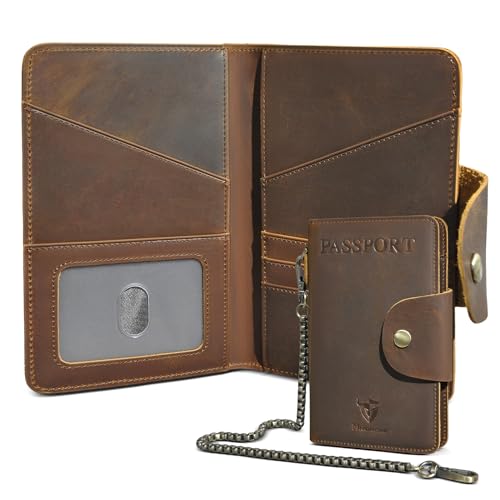 Handadsume Dickes Crazy Horse Leder Funktionelle RFID Blocking Reisepasshalter Fall Reise Bifold Snap Kette Sicherheit Brieftasche Für Männer Männlichen 2801 (2806 Braun) von Handadsume