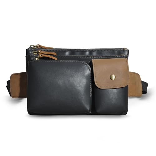 Handadsume Dickes Crazy Horse Leder-Gürteltasche für Wandern, Reiten, Reisen, Outdoor, Bauchtasche, kleine Handytasche für Männer und Frauen, 380, 386-PU Schwarz, Medium, Vintage Retro Stylish Street von Handadsume