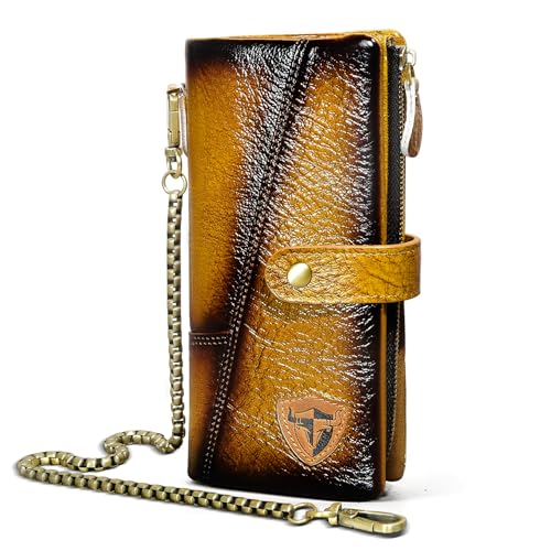 Handadsume Echtleder Crazy Horse Leder Reisen Geschenk Münztasche Kartenetui Lang Organizer Brieftasche Kette RFID Geldbörse mit Snap für Männer männlich 1803 (1803 Hellbraun) von Handadsume