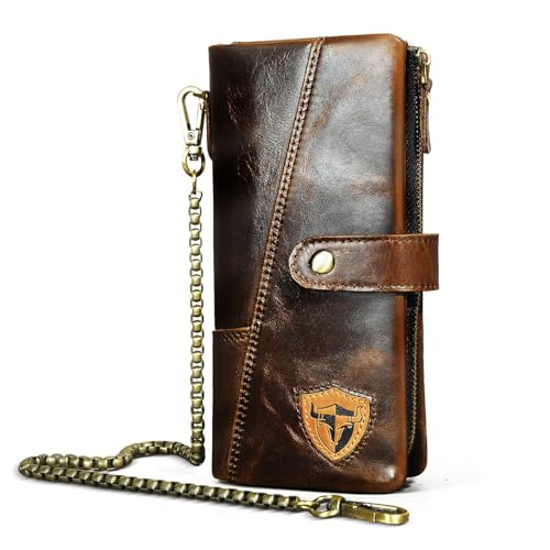 Handadsume Echtleder Crazy Horse Leder Reisen Geschenk Münztasche Kartenetui Lang Organizer Brieftasche Kette Rfid Geldbörse mit Snap für Männer männlich 1803 (1803 Kaffee) von Handadsume