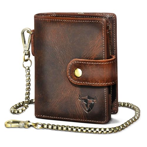 Handadsume Echtleder Crazy Horse Leder Reisen Geschenk Münztasche Kartenetui Lang Organizer Brieftasche Kette RFID Geldbörse mit Snap für Männer männlich 1803 (1804 Braun) von Handadsume