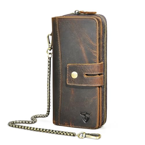 Handadsume Echtleder Crazy Horse Leder Reisen Geschenk Münztasche Kartenetui Lang Organizer Brieftasche Kette RFID Geldbörse mit Snap für Männer männlich 1803 (1814 Braun) von Handadsume