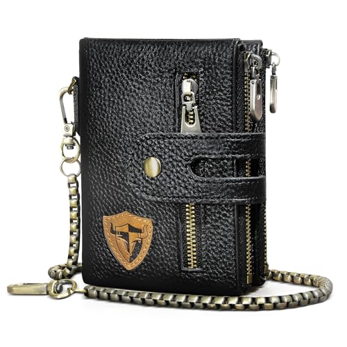 Handadsume Echtleder Crazy Horse Leder Reisen Geschenk Münztasche Kartenetui Lang Organizer Brieftasche Kette RFID Geldbörse mit Snap für Männer männlich 1803 (W 1801 Schwarz) von Handadsume