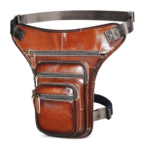 Handadsume FB913-5 Bauchtasche für Motorräder, Reisen, wasserabweisend, Segeltuch und Leder, für Damen und Herren, 100 % echtes Leder, Weinrot, Medium, Vintage Retro Stylish Street Free Style von Handadsume