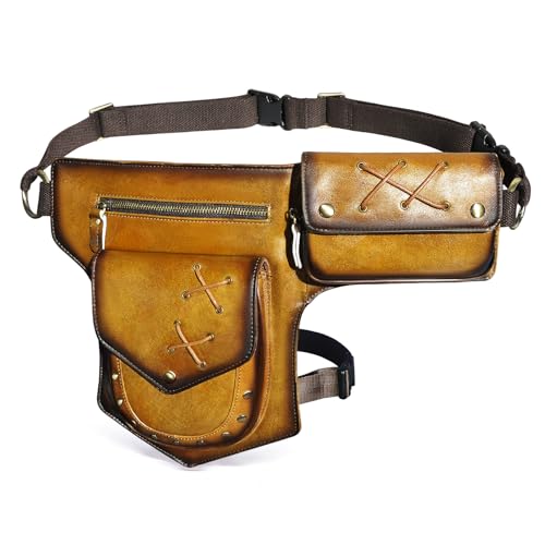 Handadsume N211-8 Motorrad-Bauchtasche aus wasserabweisendem Segeltuch und Leder, eine Schulter, Beintasche für Damen und Herren, 100 % echtes Leder, Hellbraun, Medium, Vintage Retro Stylish Street von Handadsume