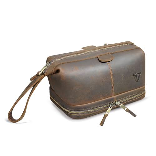 Handadsume Retro Echte Verrückte Pferd Leder Handgemachte Reise Waschraum Toilettentasche für Männer-Dopp Kit für Rasur Kit 771 (773 Braun) von Handadsume