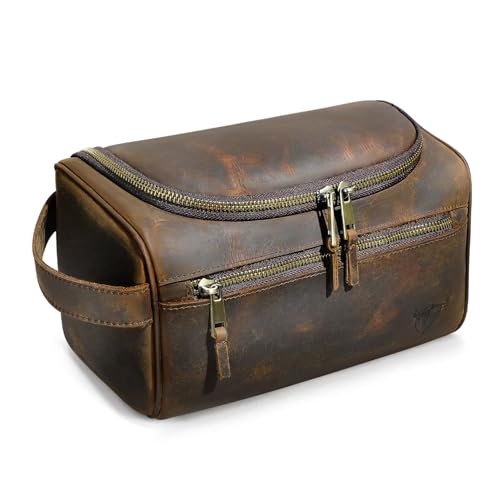 Handadsume Retro Echte Verrückte Pferd Leder Handgemachte Reise Waschraum Toilettentasche für Männer-Dopp Kit für Rasur Kit 771 (776 Braun) von Handadsume