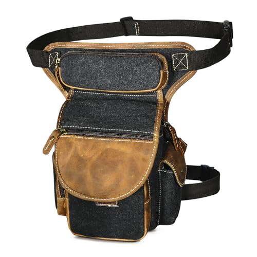 Herren Canvas + Leder Motorrad Reiten Tasche Beinbeutel Beintasche Außenbeintasche Hüfttasche Drop Leg Tasche FB211-8 (X-3109-Schwarz) von Handadsume