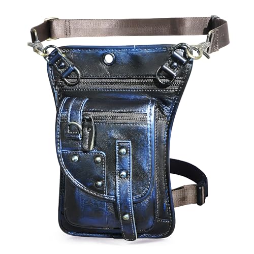 Handadsume FB2141 FB2141 Bauchtasche, wasserabweisend, Segeltuch und Leder, für Motorrad, Reisen, Hüfttasche, Beintasche, Beintasche, Tasche für Damen und Herren (100 % echtes Leder, C-Blau), 100 % von Handadsume