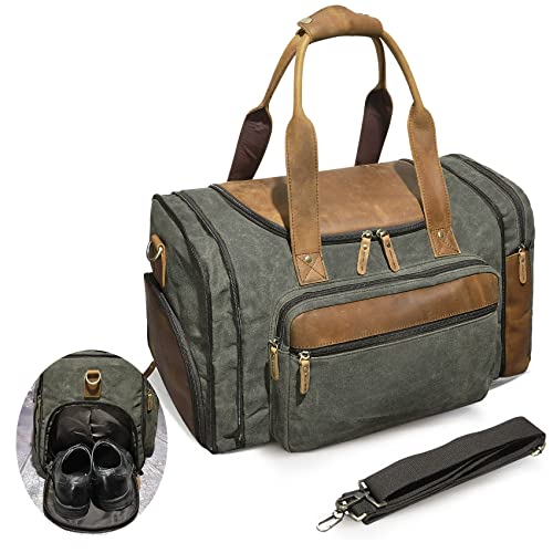 Handadsume Wasserabweisendes Segeltuch + Leder Reisegepäcktasche Duffle Gym Koffer Weekender Übernachtungstasche für Herren FB8153, The Army Green, Vintage-Retro-Stil, stilvoller Street-Free-Stil von Handadsume