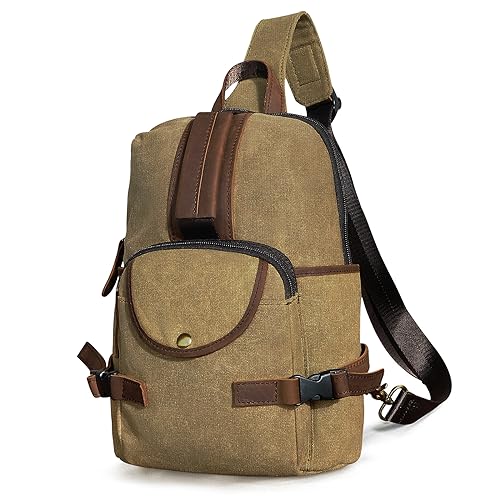 Wasserfeste Leinwand + Leder Wandern Reisen Tagesrucksack Sling Crossbody Dreieck Brust Pack Tasche für Männer Frauen FB8013 (X-3028-Khaki) von Handadsume