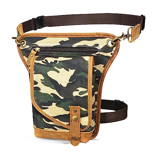 Herren Canvas + Leder Motorrad Reiten Tasche Beinbeutel Beintasche Außenbeintasche Hüfttasche Drop Leg Tasche FB211-6 (211-6-A- Tarnung 3) von Handadsume