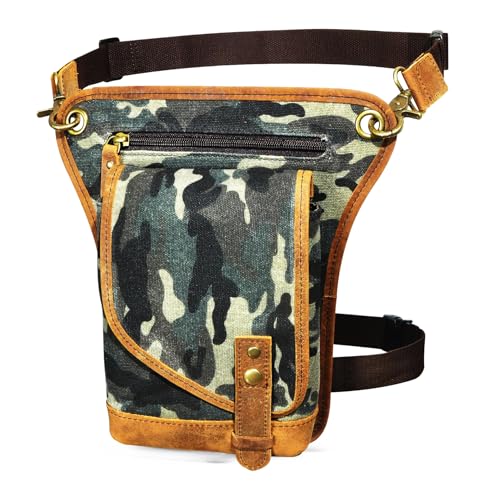 Herren Canvas + Leder Motorrad Reiten Tasche Beinbeutel Beintasche Außenbeintasche Hüfttasche Drop Leg Tasche FB211-6 (211-6-A- Tarnung 4) von Handadsume