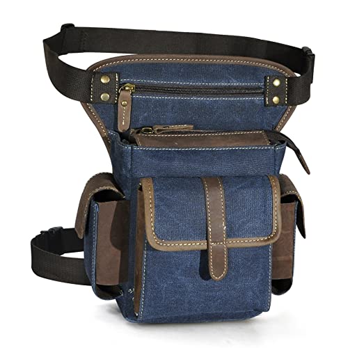 Herren Canvas + Leder Motorrad Reiten Tasche Beinbeutel Beintasche Außenbeintasche Hüfttasche Drop Leg Tasche FB913-5 (Blau) von Handadsume