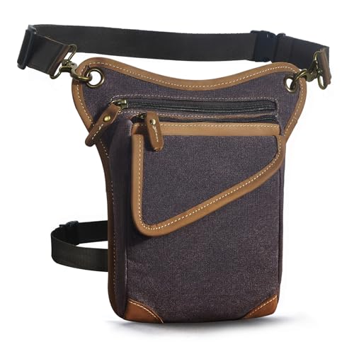 Herren Canvas + Leder Motorrad Tasche Beinbeutel Beintasche Außenbeintasche Hüfttasche Drop Leg Thigh FB211-3 (Kaffeebraun) von Handadsume