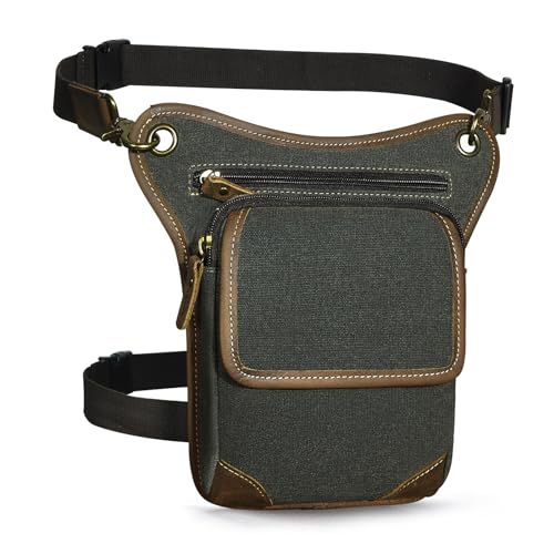 Herren Canvas + Leder Tasche Beinbeutel Beintasche Außenbeintasche Hüfttasche Drop Leg Thigh FB211-1 (Grün) von Handadsume