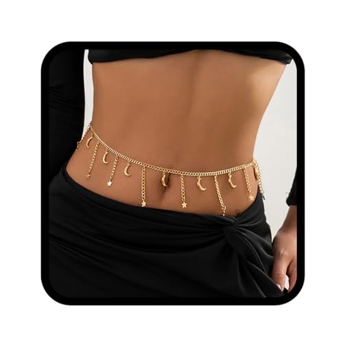 Handcess Boho-Stern-Mond-Bauchkette, Gold-Bikini-Bauchkette, Taillenkette, Strand-Körperkette, Schmuck für Damen und Mädchen, Free Size, Stern Mond, Stern Mond von Handcess