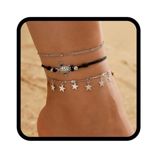 Handcess Boho Turtle Fußkettchen Silber Pailletten Stern Fußkettchen Layered Beads Fußketten für Frauen und Mädchen von Handcess