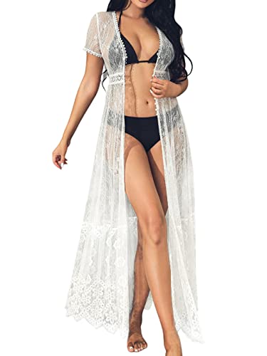 Handcess Damen Badeanzug Cover Up Weiß Badeanzug Kimono Lang Strand Cardigan Kleid Blumenspitze Bikini Cover-Ups für Frauen (S) von Handcess