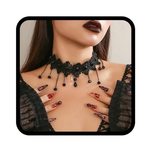 Handcess Gothic Spitzen Choker Halskette Schwarze Perlen Quasten Halsketten Hohle Blumen Choker Schmuck für Damen und Mädchen von Handcess