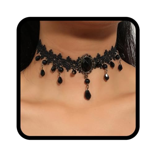 Handcess Gothic Spitzen Choker Halskette schwarze Perlen Quasten Halsketten Strass Halskette mit hohler Blume Schmuck für Damen und Mädchen von Handcess