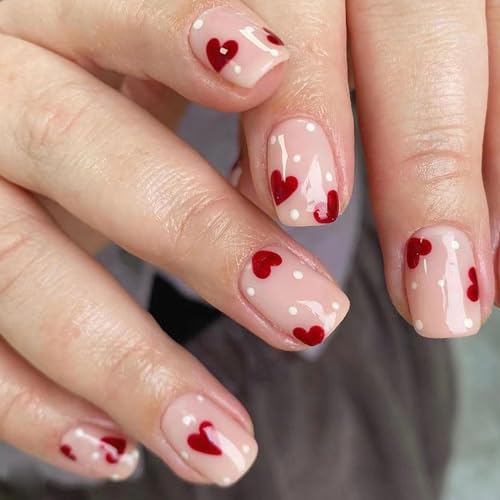 Handcess Herz künstliche Nägel Rosa Valentinstag Press on Nail Roter Liebes Falscher Nagel Kurzer Nagel zum Aufkleben für Frauen und Mädchen 24 Stück von Handcess