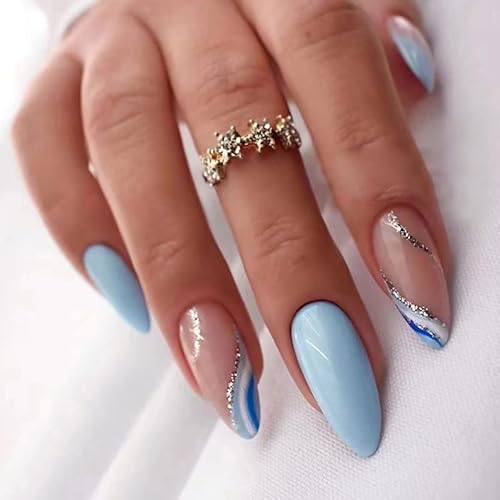 Handcess Oval Blue Falsche Nägel Sea Waves Press on Nails Silber Wavy Lines Acryl Fake Nails Mandel Stick on Nail 24 Stück für Frauen und Mädchen von Handcess