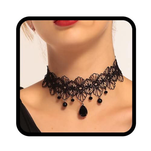 Handcess Schwarze Spitze Choker Halskette Kristall Anhänger Halsketten Gothic hohl Blume Choker Schmuck Zubehör für Frauen und Mädchen von Handcess