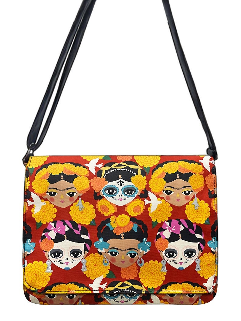 Us Handmade Handtasche Große Laptoptasche Schultertasche Style Mit "Frida Faces Red" Stoff Verstellbarem Henkel Baumwolle von HandmadeFashion