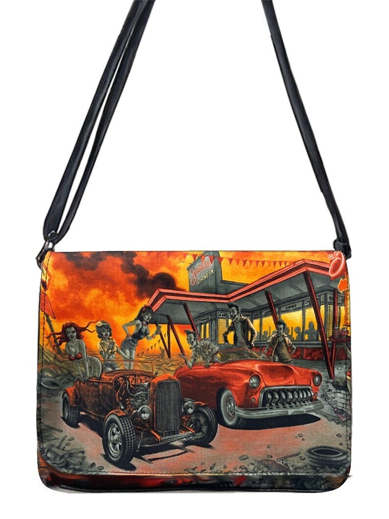 Us Handmade Handtasche Große Laptoptasche Schultertasche Style Mit "Zombie Drive-In" Stoff Verstellbarem Henkel Baumwolle von HandmadeFashion