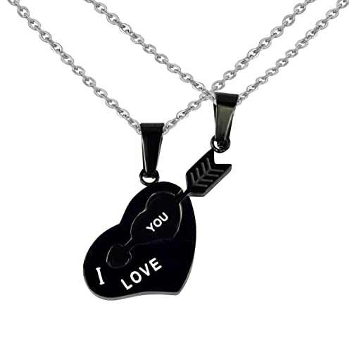 Hanessa 2 Stück Personalisierte Ketten mit Gravur Edelstahl 45-60 cm - Herz und Pfeil "I love you" in schwarz - Halsketten für Männer und Frauen - Personalisierter Schmuck Paare Damen Herren Partner von Hanessa