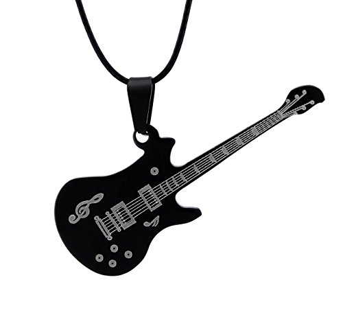 Hanessa Herren Damen-Schmuck Gitarre Schwarz Halskette Edelstahl Kunst-Leder Geschenk zu Weihnachten für Mann oder Frau/Freund oder Freundin Unisex von Hanessa