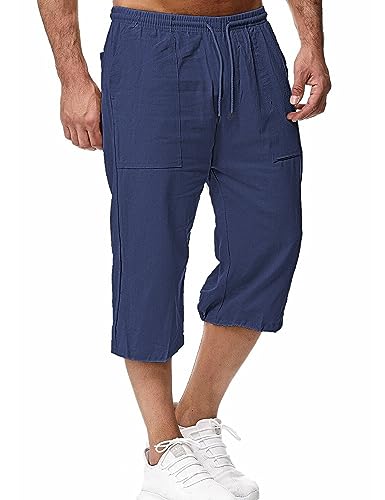 HangNiFang Herren Lange Leinen Shorts unterhalb der Knie Tasche 3/4 Sommer Kordelzug Caprihose, Marineblau, X-Groß von HangNiFang