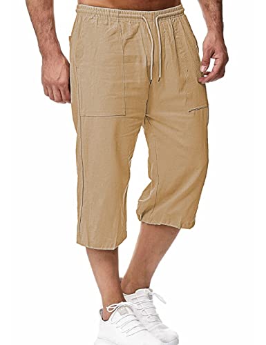 HangNiFang Herren Lange Leinen Shorts unterhalb der Knie Tasche 3/4 Sommer Kordelzug Caprihose, braun, Klein von HangNiFang