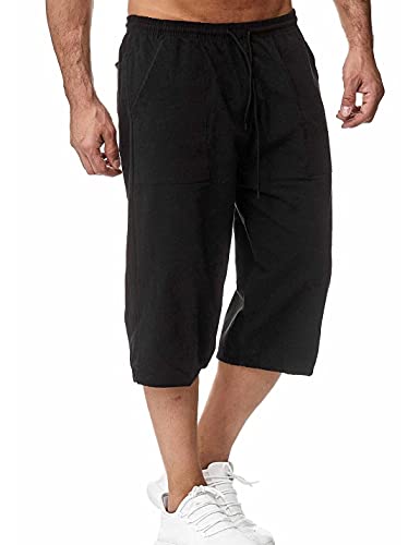 HangNiFang Herren Lange Leinen Shorts unterhalb der Knie Tasche 3/4 Sommer Kordelzug Caprihose, schwarz, Mittel von HangNiFang