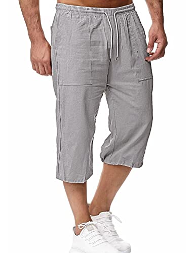 HangNiFang Herren Lange Leinenshorts Unterhalb des Knies Taschen 3/4 Sommer Kordelzug Caprihose, grau, Groß von HangNiFang