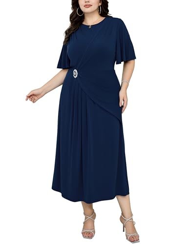 Damen Ballkleid Große Größen Maxilang Elegante Rüschenärmel Cocktail Party Taille trasssteine A-Linie Dunkel Blau 52 (US 20W) von Hanna Nikole