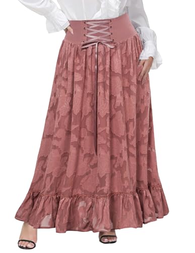 Hanna Nikola Damen Große Größen Viktorianischer Renaissance Spitze Maxirock Schnürröcke Leisure Flared Skirt Dunkelrosa 50 von Hanna Nikole