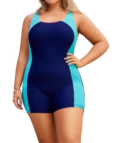 Hanna Nikole Badeanzug Damen Einteiliger Bauchkontrolle Sexy Badekleid Elastische für Mollige Marineblau Seeblau 54 von Hanna Nikole