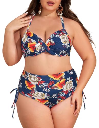 Hanna Nikole Badeanzug Damen Große Größen Push Up V Ausschnitt Überkreuztes Ruched Bikini Set Blumenmuster Badeanzug Hoher Taille Bauchweg Zweiteiliger Bademode Marineblaue & Blume, 54 von Hanna Nikole