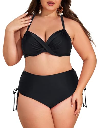 Hanna Nikole Badeanzug Damen Große Größen Push Up V Ausschnitt Überkreuztes Ruched Bikini Set Blumenmuster Badeanzug Hoher Taille Bauchweg Zweiteiliger Bademode Schwarz, 54 von Hanna Nikole