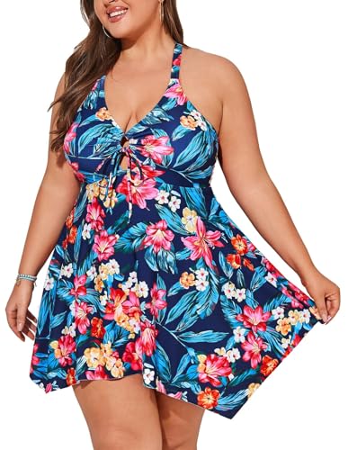 Hanna Nikole Bademode Damen Grosse Grössen Einteiliger Bauchweg Badekleid mit Badehose Sexy Kordelzug Schlüsselloch Marineblauer Blume 54 (Etikett:22W) von Hanna Nikole