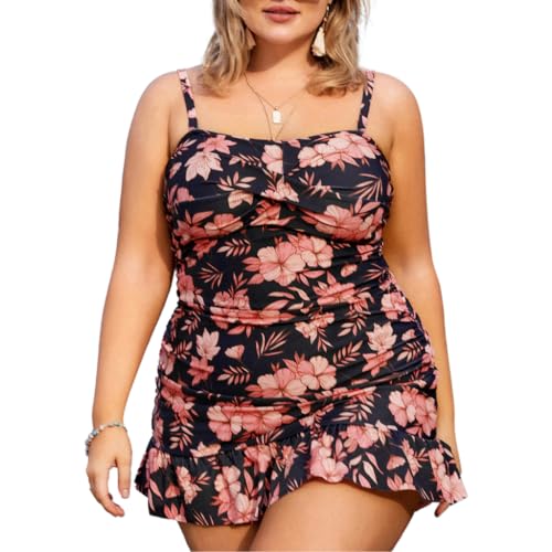 Hanna Nikole Bathing Suit Damen Rüschen Grosse GrÖssen Einfarbig Zweiteilig BadeanzÜge Mit Gepolsterter Sonnenblume Schwarz & Rosa Blume 52 von Hanna Nikole