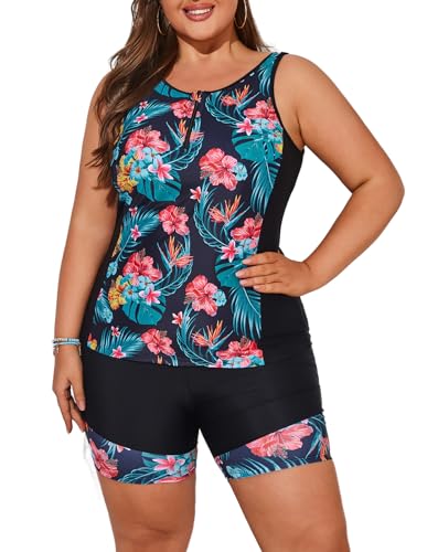 Hanna Nikole Bauchkontrolle Tankini U Ausschnitt Swimwear mit Badeshorts für Mollige Frauen Blau-rosa Blume 52 von Hanna Nikole