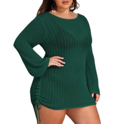 Hanna Nikole Bikini Badeanzug Cover Up Plus Size Cut Out Sheer Mesh Crochet Sexy Kurz Strandkleid RüCkenfrei Tunika Rundhalsausschnitt GlockenäRmel Strandmode Sommer Dunkelgrün,54 von Hanna Nikole