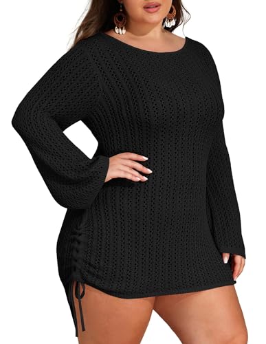 Hanna Nikole Bikini Badeanzug Cover Up Plus Size Cut Out Sheer Mesh Crochet Sexy Kurz Strandkleid RüCkenfrei Tunika Rundhalsausschnitt GlockenäRmel Strandmode Sommer Schwarz,54 von Hanna Nikole